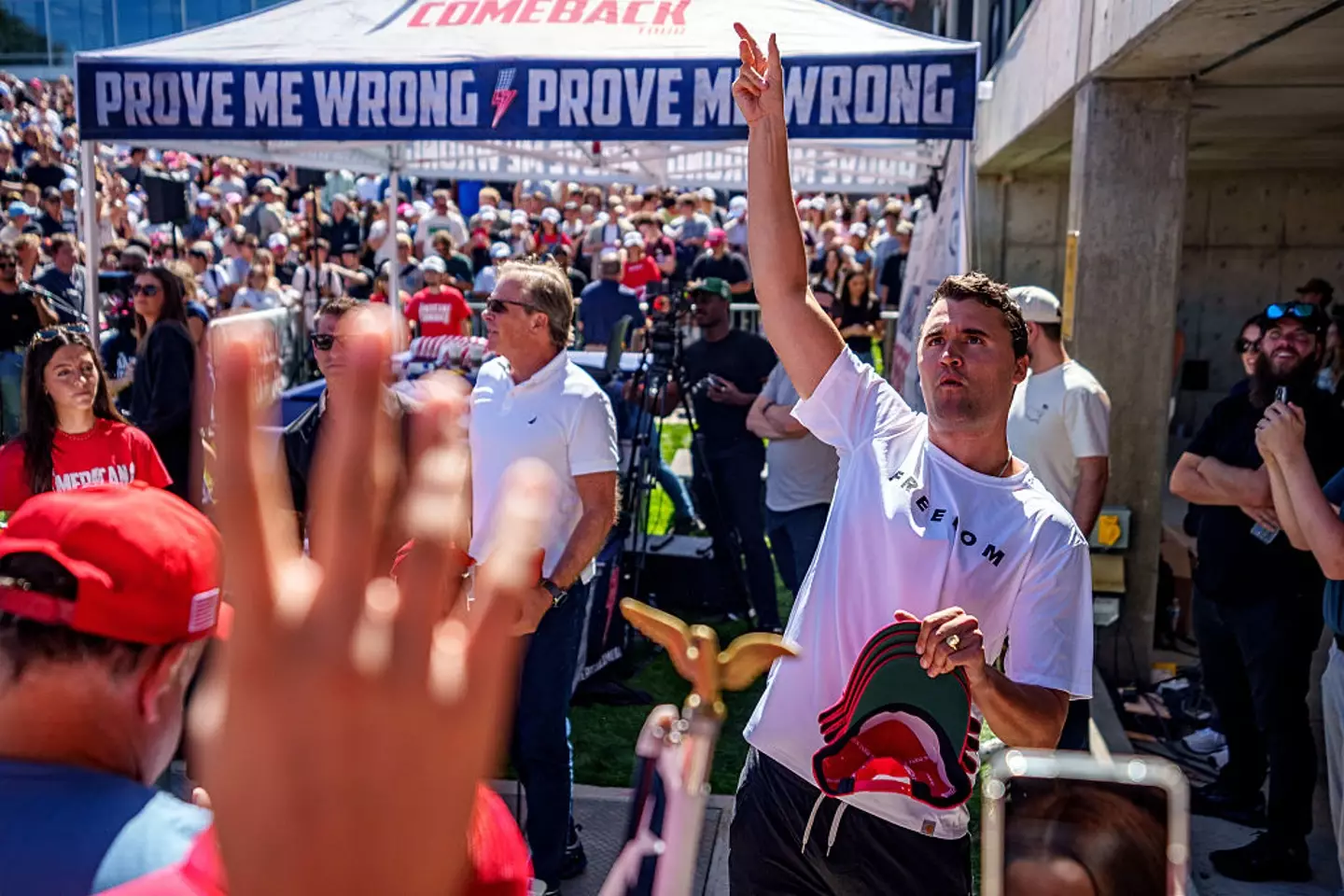Kirk just as he arrived at the Utah Valley University event on Wednesday (Trent Nelson/The Salt Lake Tribune/Getty Images)