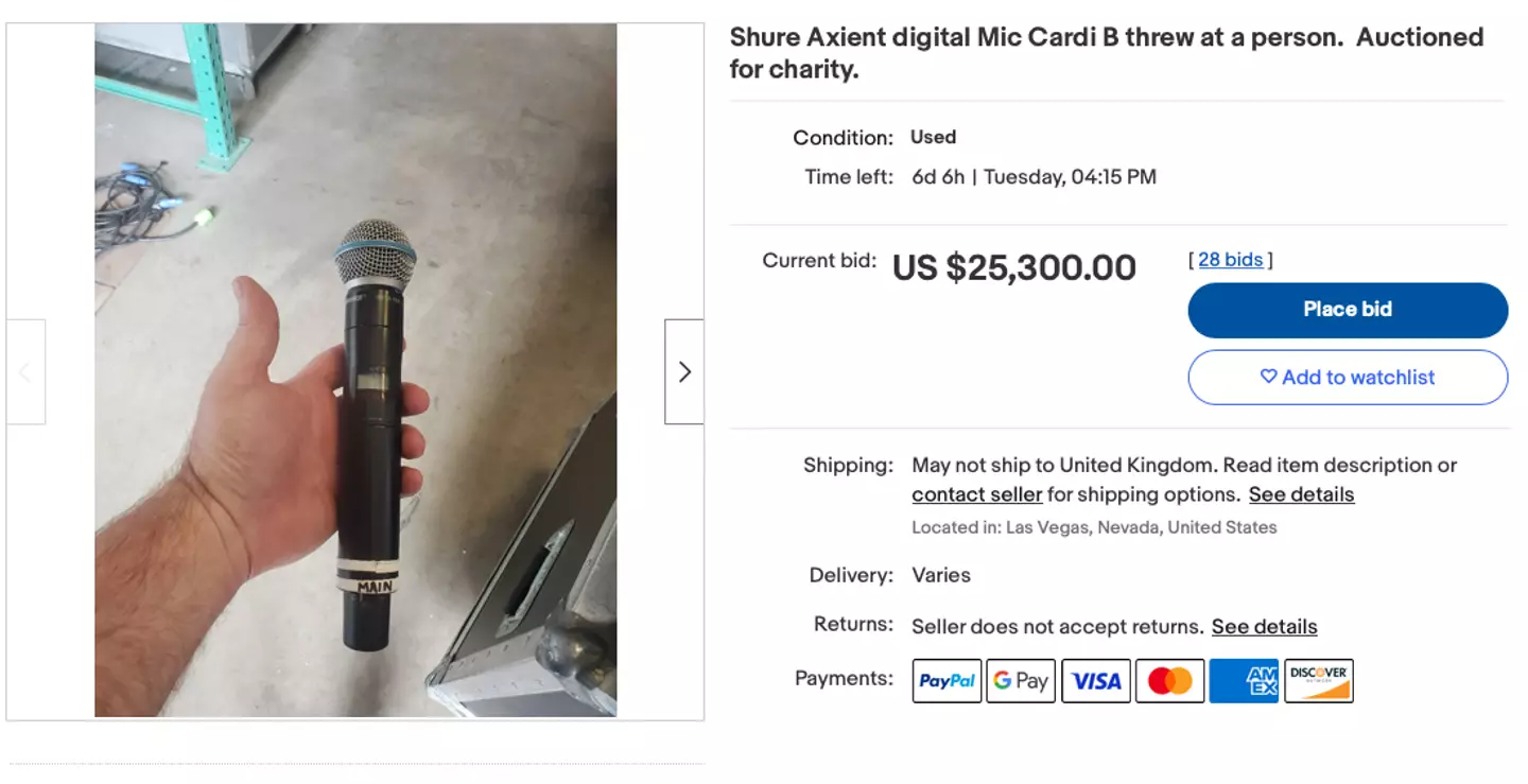 The microphone Cardi B threw at a fan is now selling for tens of thousands on eBay, with the proceedings going to charity.
