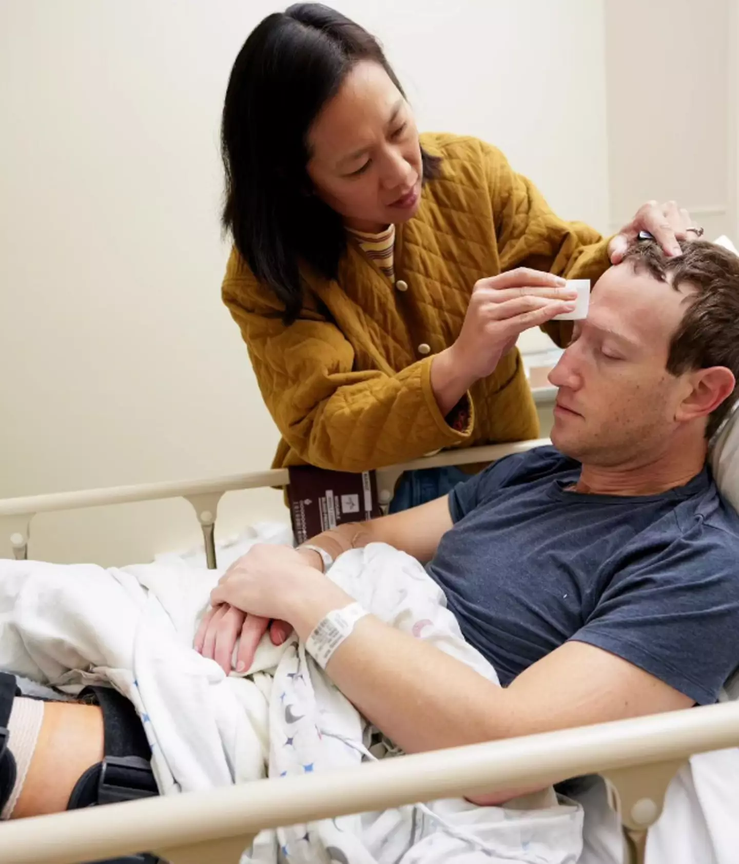 Zuckerberg's wife tended to him while he was in hospital.