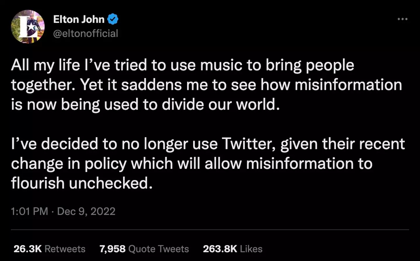Elton John has quit Twitter.