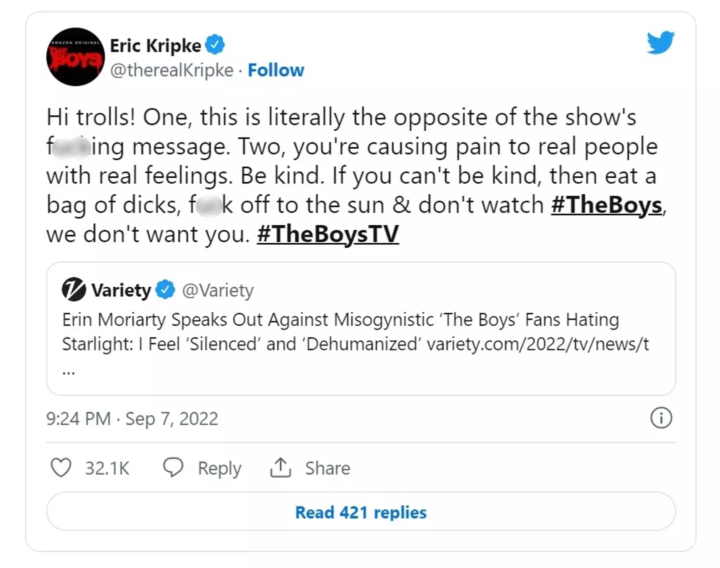 The Boys creator Eric Kripke hit out at toxic trolls targeting Erin Moriarty.