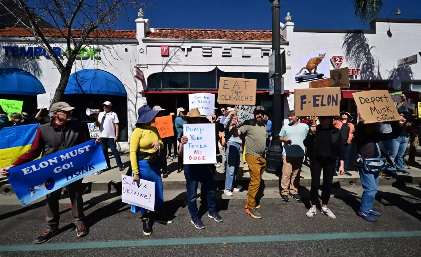 Several protests have taken place at Tesla dealerships, like this one in California last week (FREDERIC J. BROWN/AFP via Getty Images)