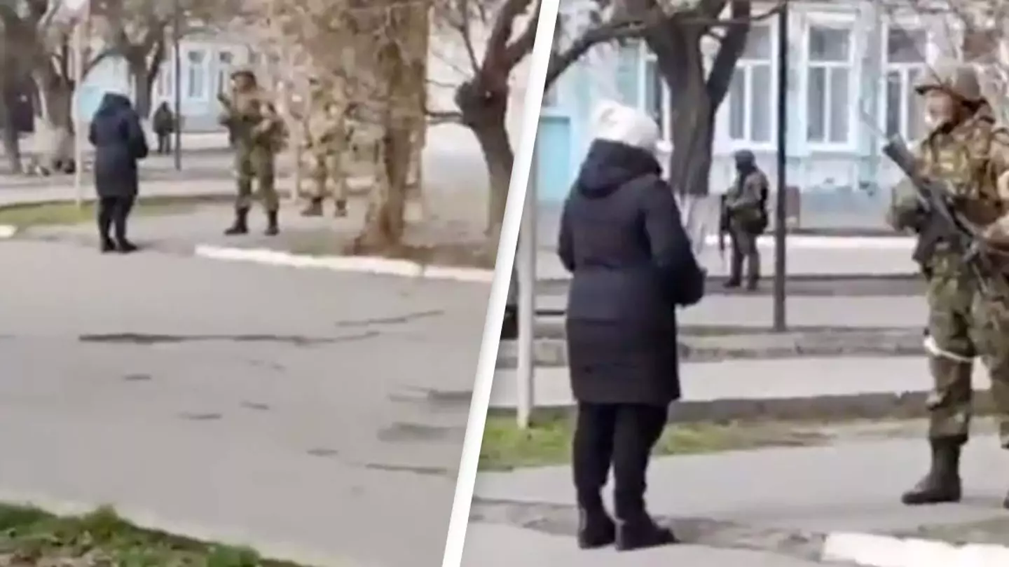 Ukraine: Video Of Brave Ukrainian Woman Confronting Heavily Armed Russian Soldier Circulates Online