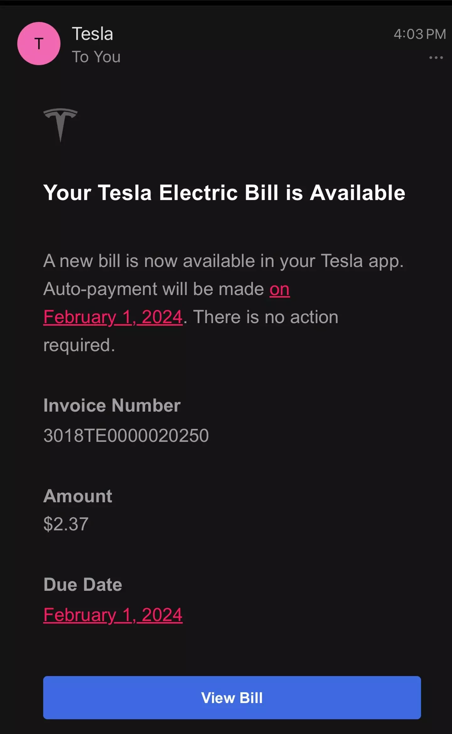 “First time I have had a bill within the last 12 months."