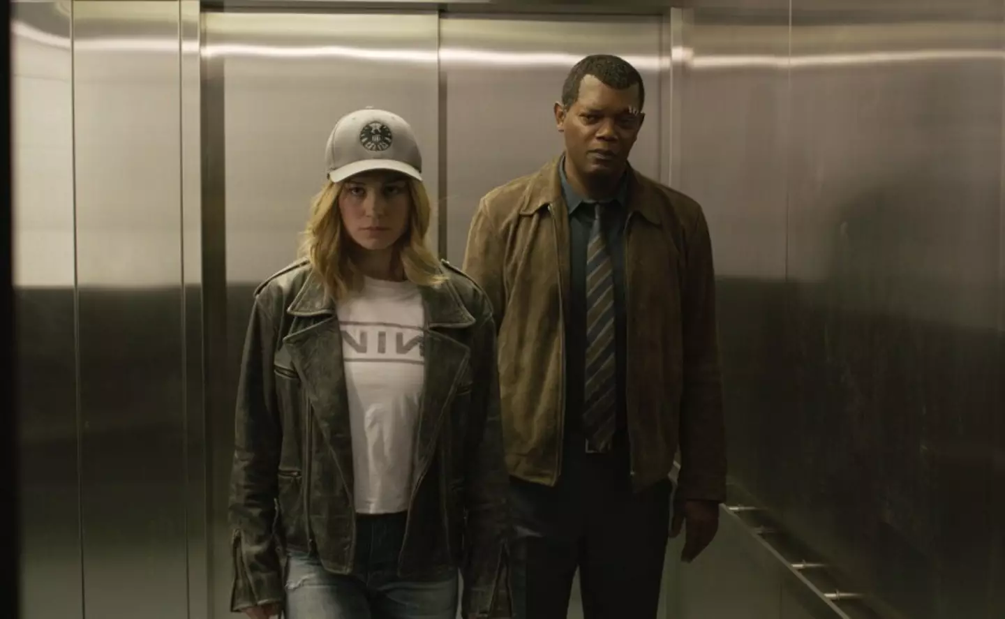 Brie Larson and Samuel L. Jackson in Captain Marvel.