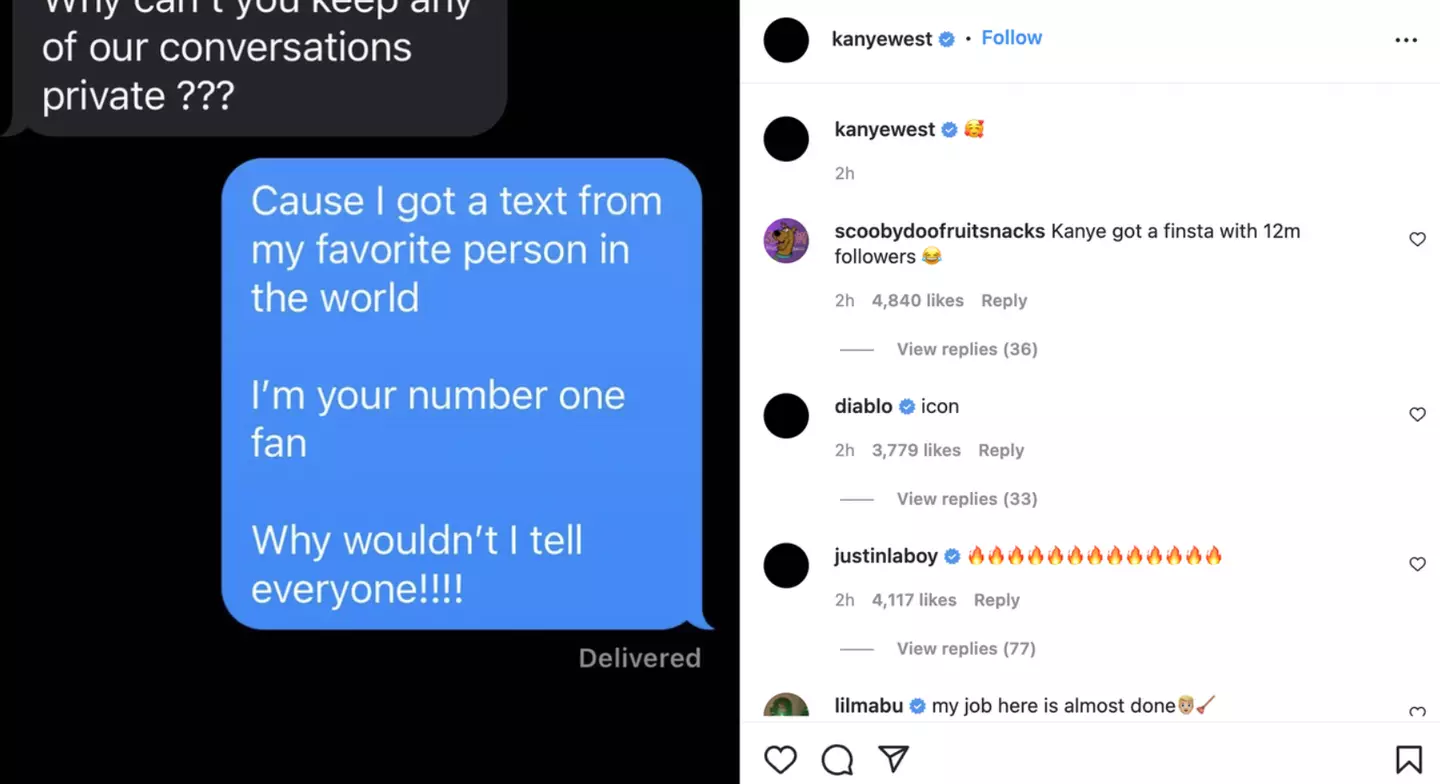 Kanye West shares private texts with Kim Kardashian about Pete Davidson. (@kanyewest/ Instagram) 