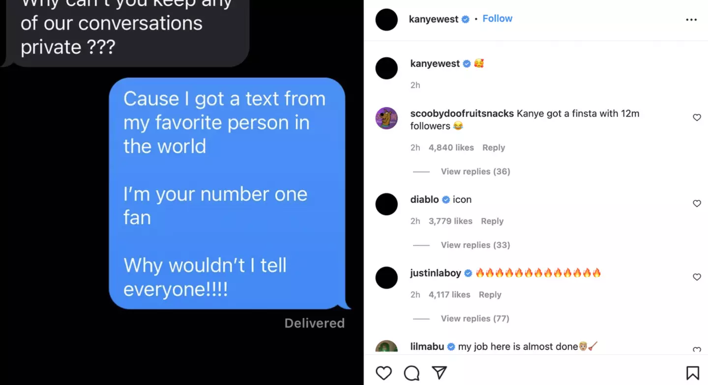 Kanye West shares private texts with Kim Kardashian about Pete Davidson. (@kanyewest/ Instagram)