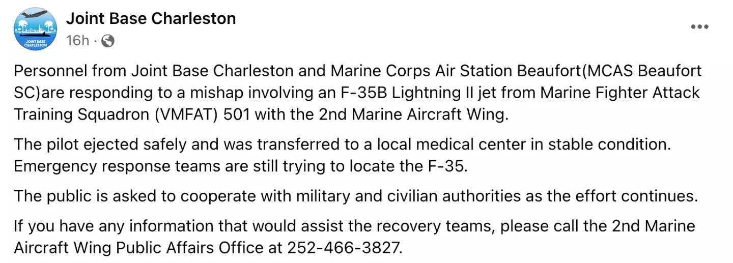 Joint Base Charleston has appealed for help online.