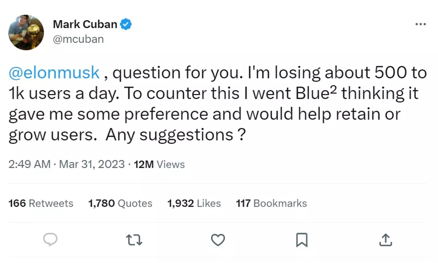 Mark Cuban hoped using Twitter Blue would bring him more followers, or at least stop the exodus.
