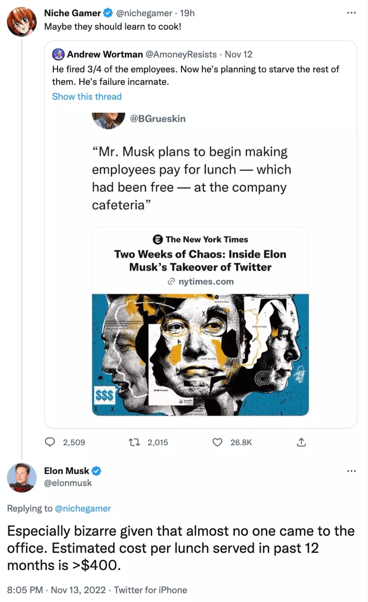 Elon Musk claims lunches are costing Twitter $400 per meal.