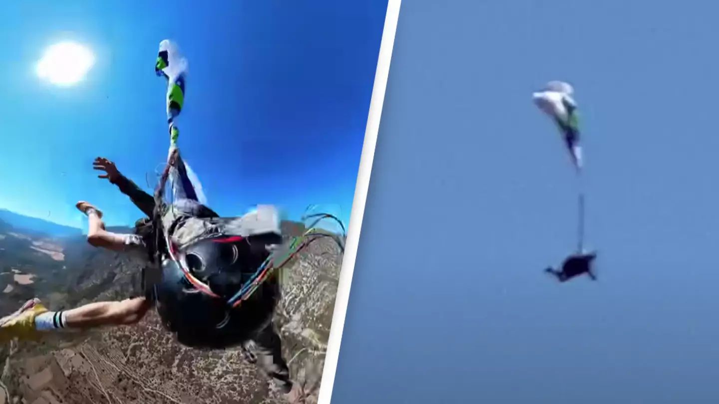 Paraglider captures exact moment he was 'one second' away from death as he gets tangled in parachute