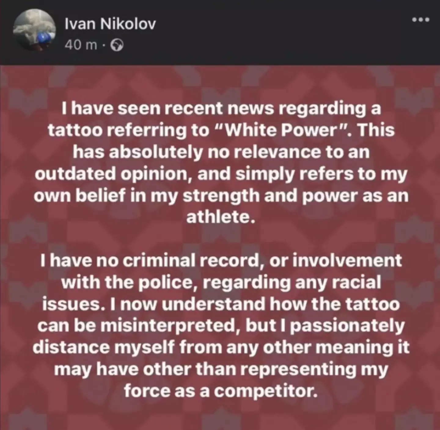 Ivan Nikolov denying racism, which has since been deleted.