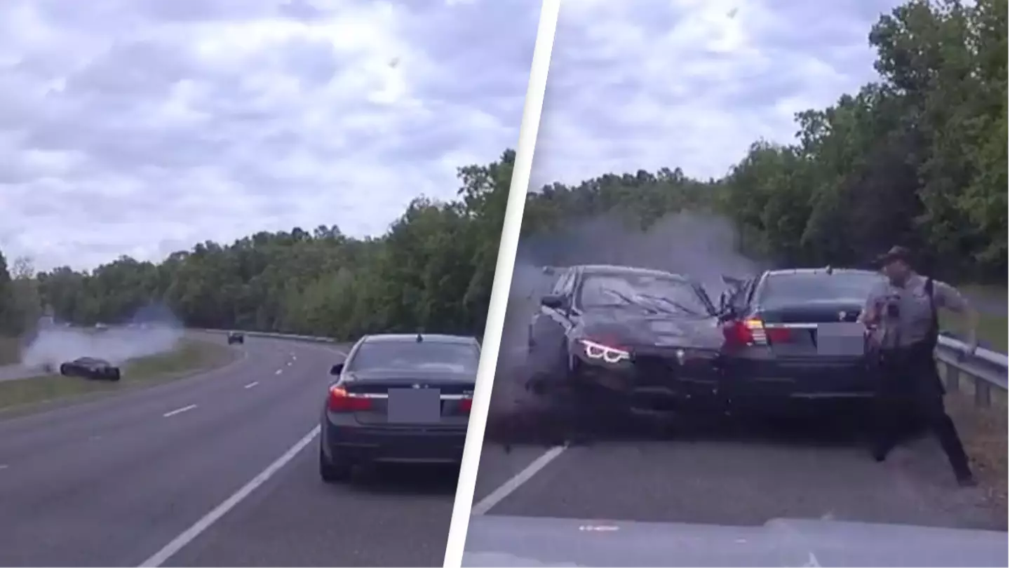 Incredible moment cop narrowly dodges near-fatal accident after car spirals out of control