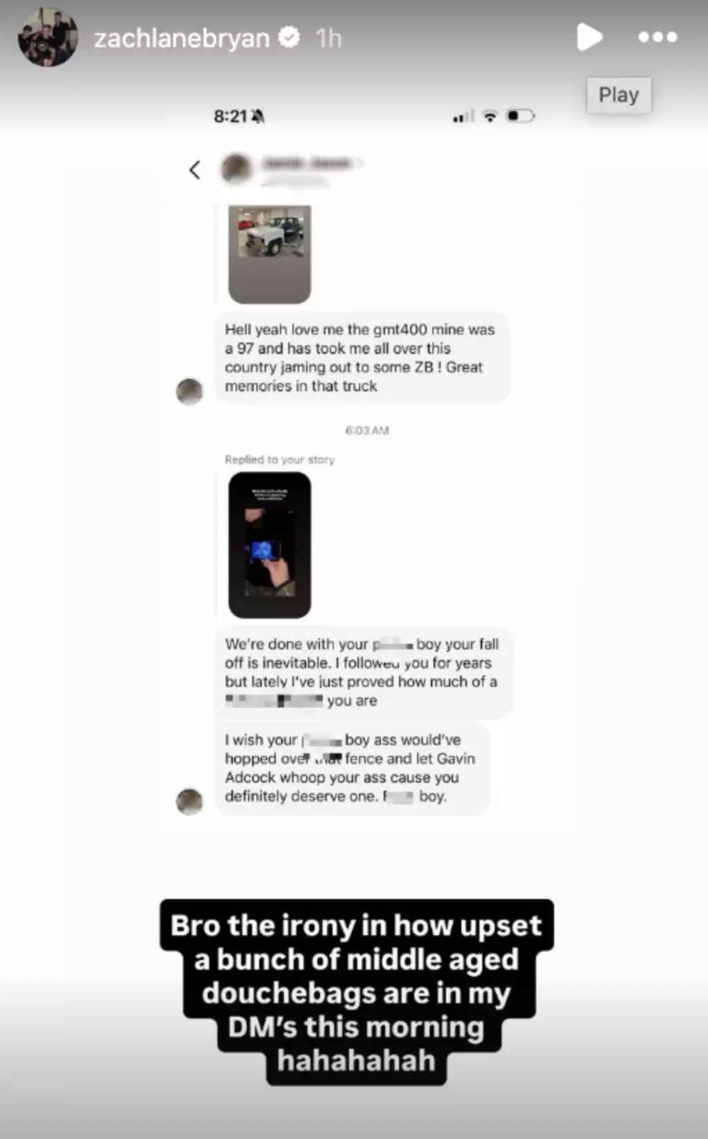 Bryan exposed the 'ironic' reaction to his joke on Instagram (Zach Bryan/Instagram)