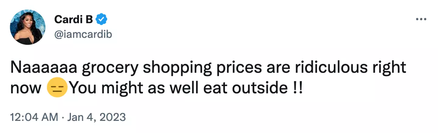 Cardi B fumed about grocery prices in a series of Twitter posts.