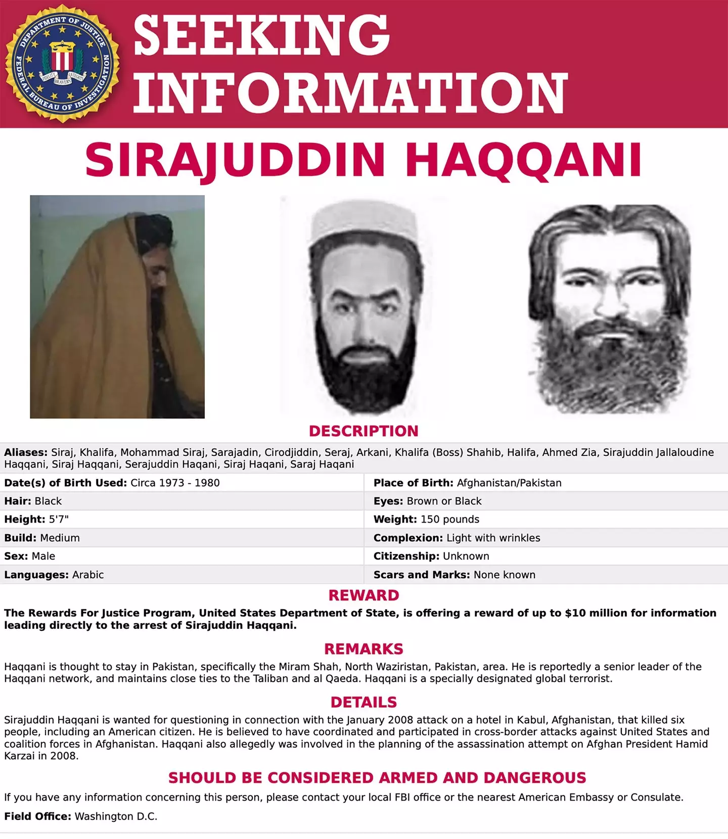 Sirajuddin Haqqani's wanted poster (FBI)