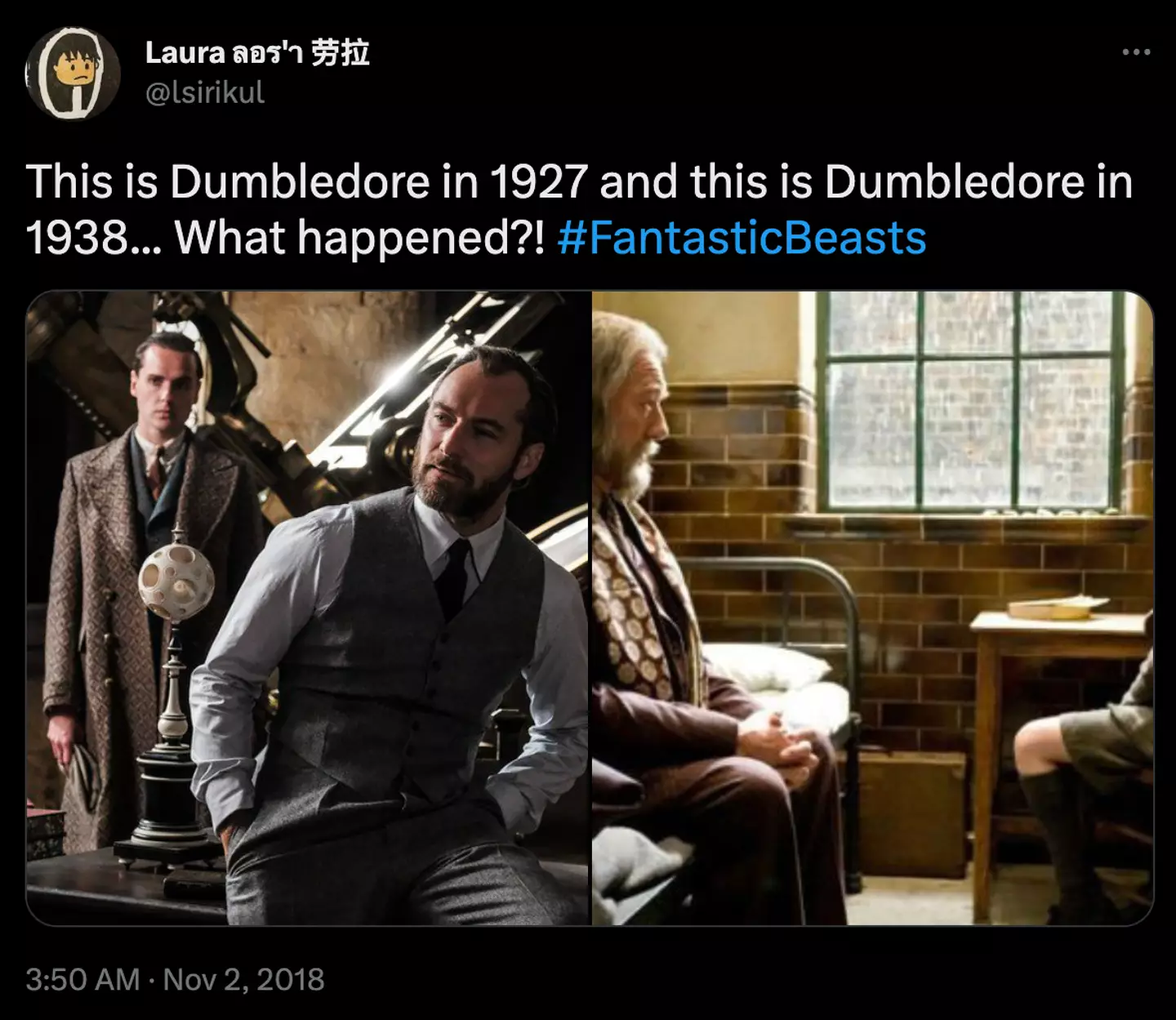 Despite only 11 years having past between the two images, Dumbledore appears to have aged considerably more.