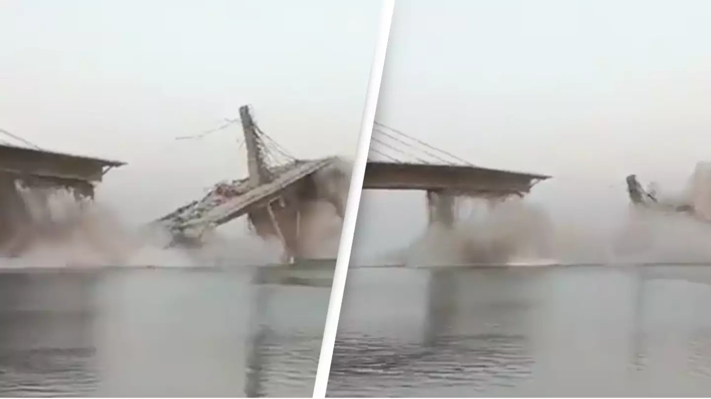 Terrifying moment motorway bridge in India collapses for second time