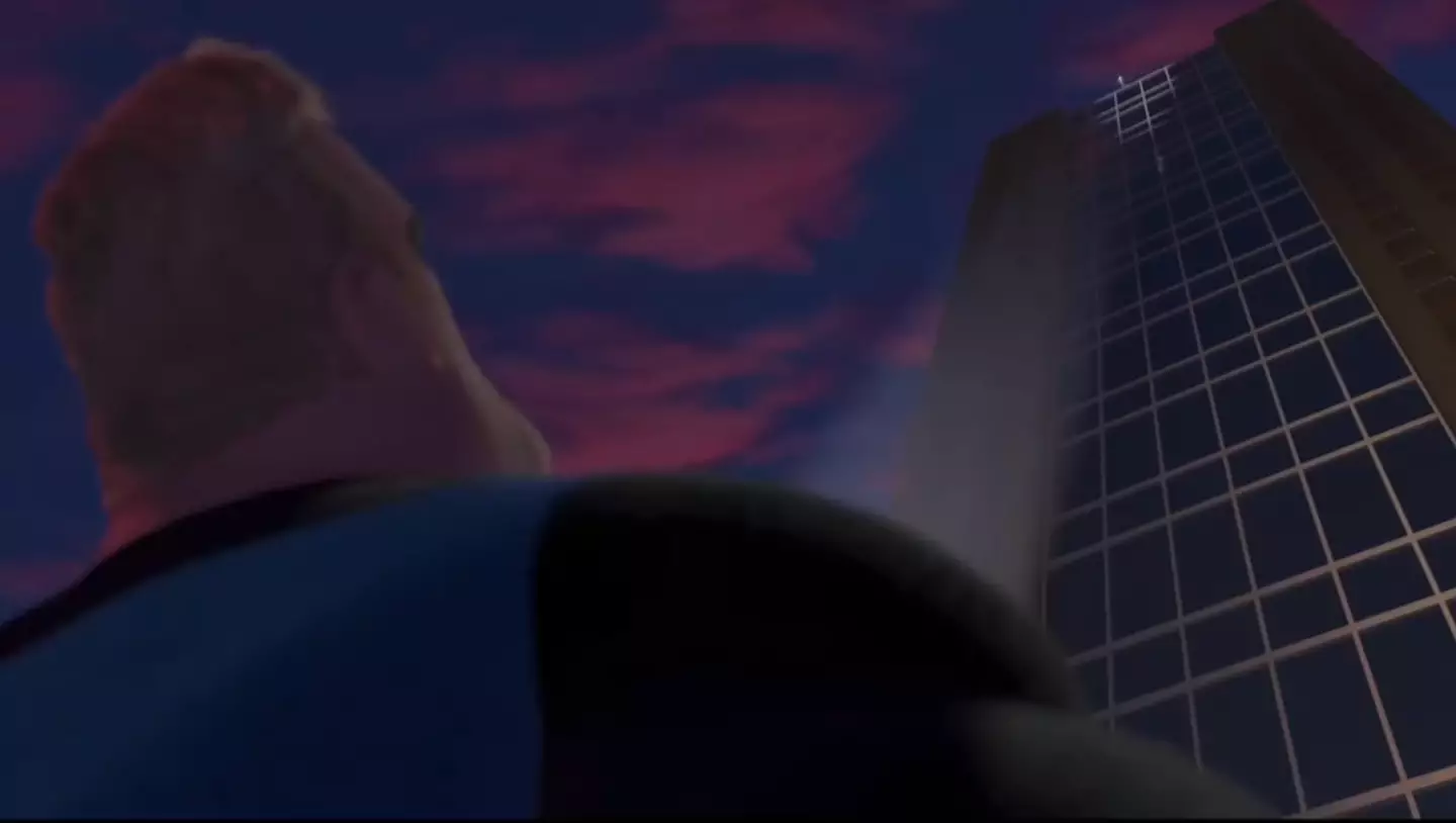 Mr Incredible saves someone who jumps off a building.