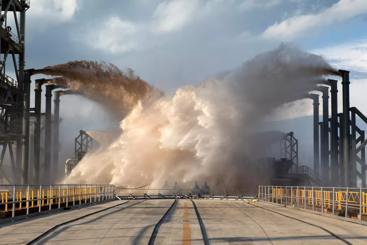 Huge amounts of water is sprayed onto the launchpad straight after launch.