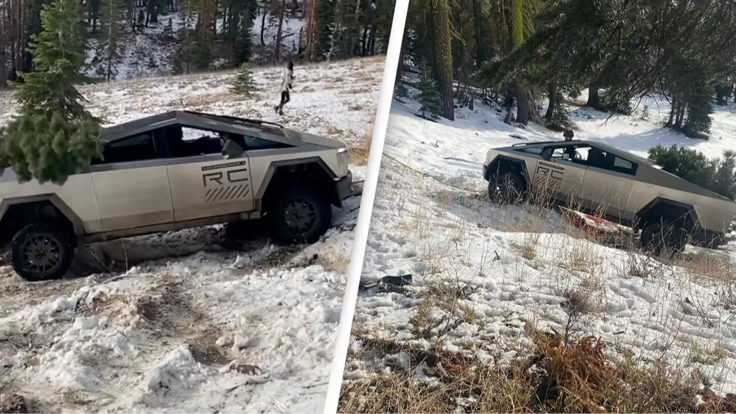 People have a lot to say after Cybertruck had to be towed after getting stuck on small hill