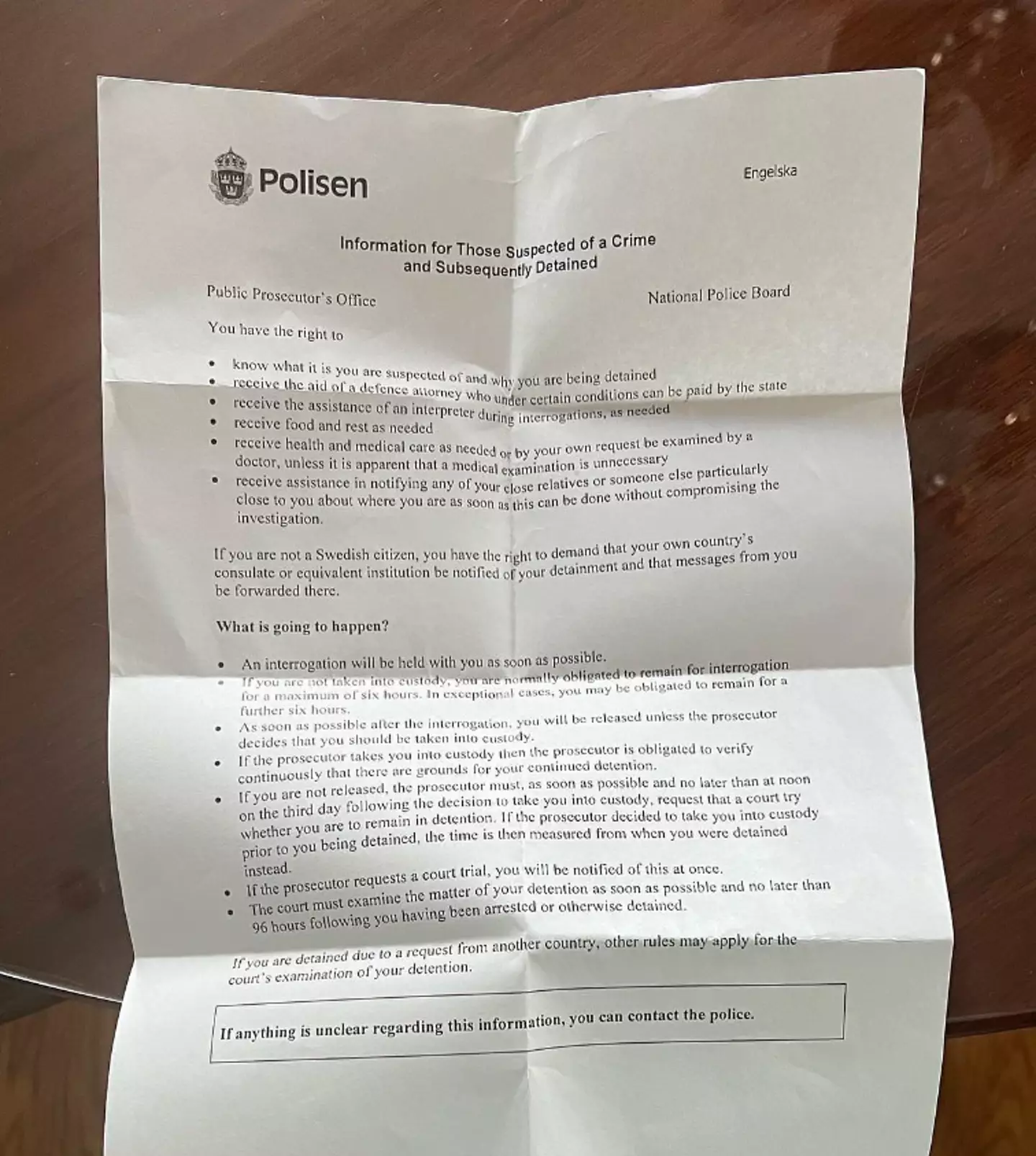 The post included what looks to be an arrest warrant from Swedish authorities.