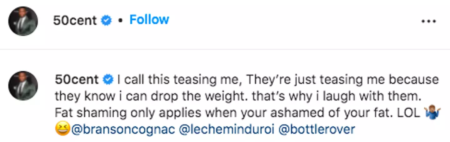 50 Cent responded to the fat-shaming comments on Instagram following his Super Bowl performance.