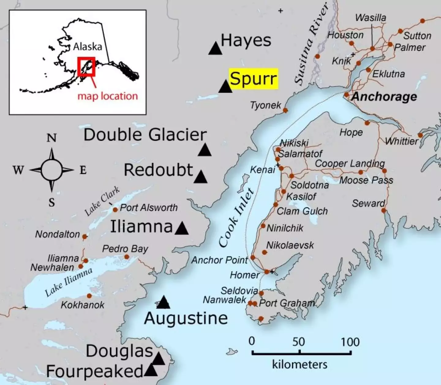 Location of Mount Spurr and Anchorage (Alaska Volcano Observatory/Alaska Division of Geological & Geophysical Surveys)