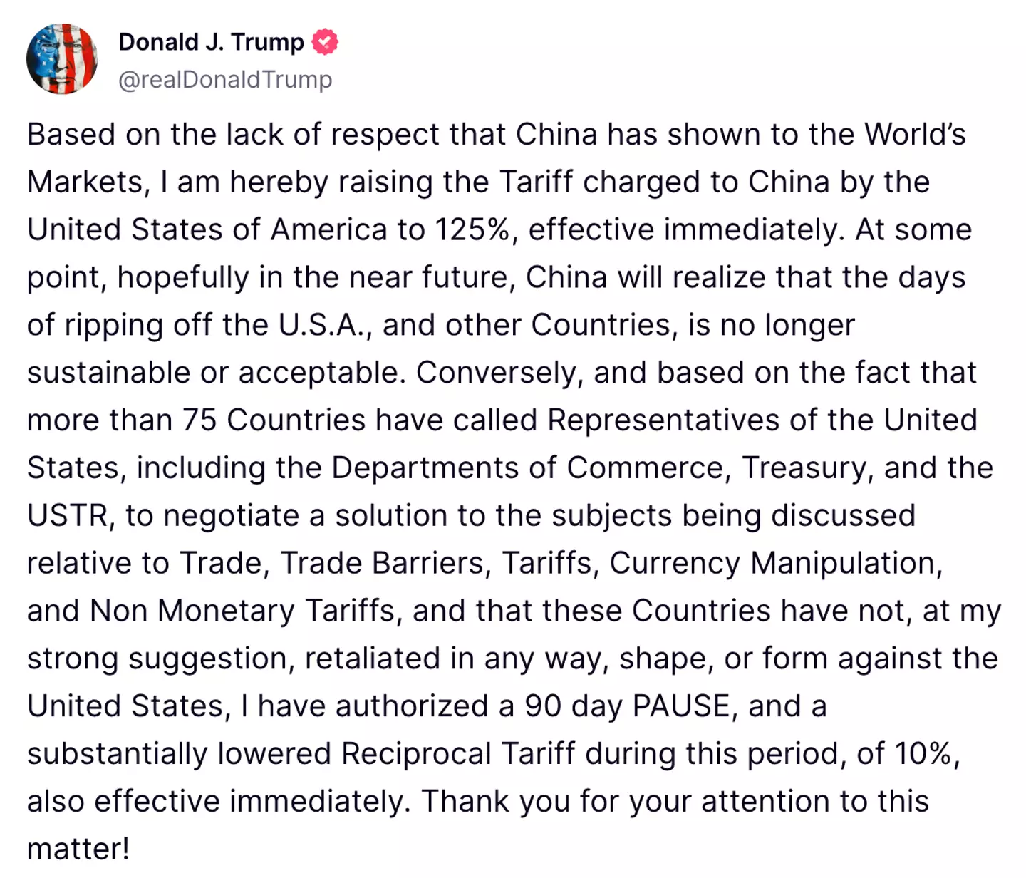 Trump has issued a response to China's relation tariff (@realDonaldTrump/Truth Social)