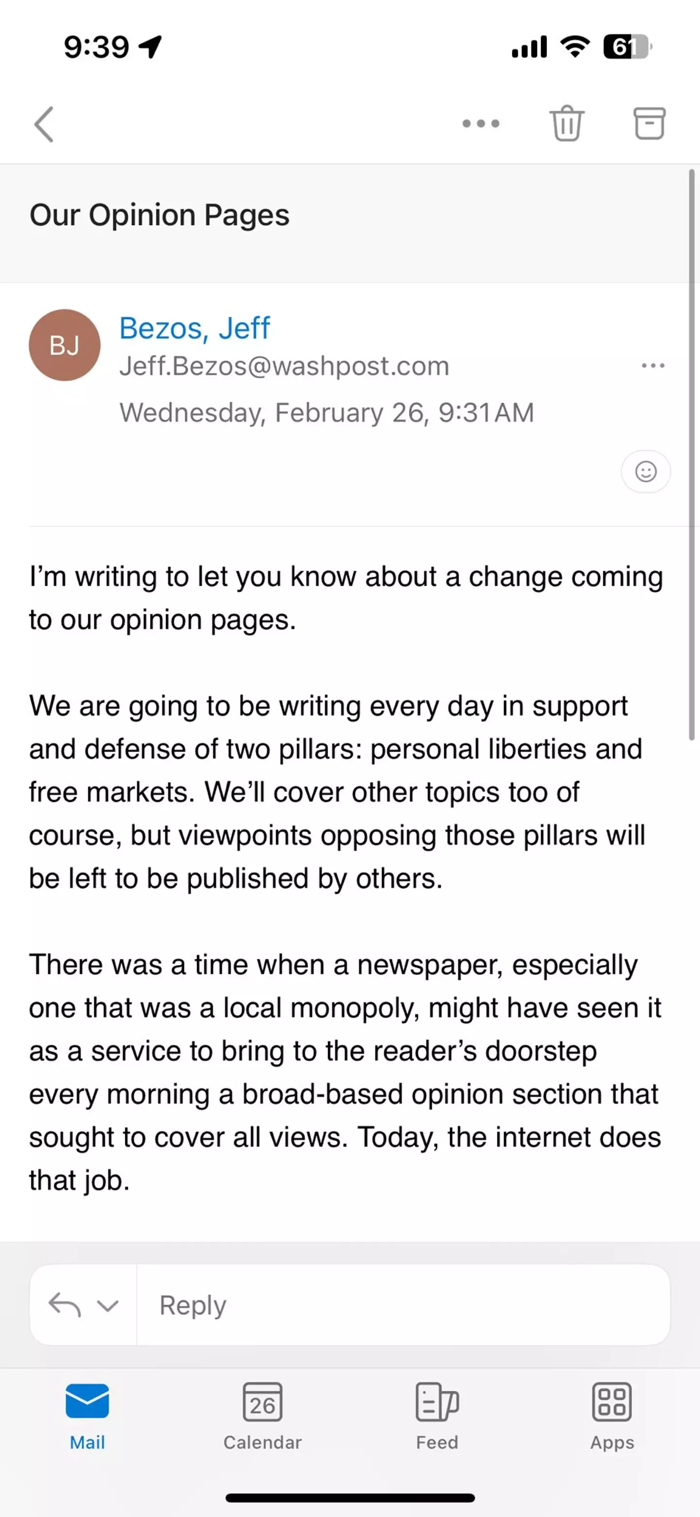 Jeff Bezos sent an email to all Washington Post employees about the opinion pages (Twitter/ @Jstein_WaPo)