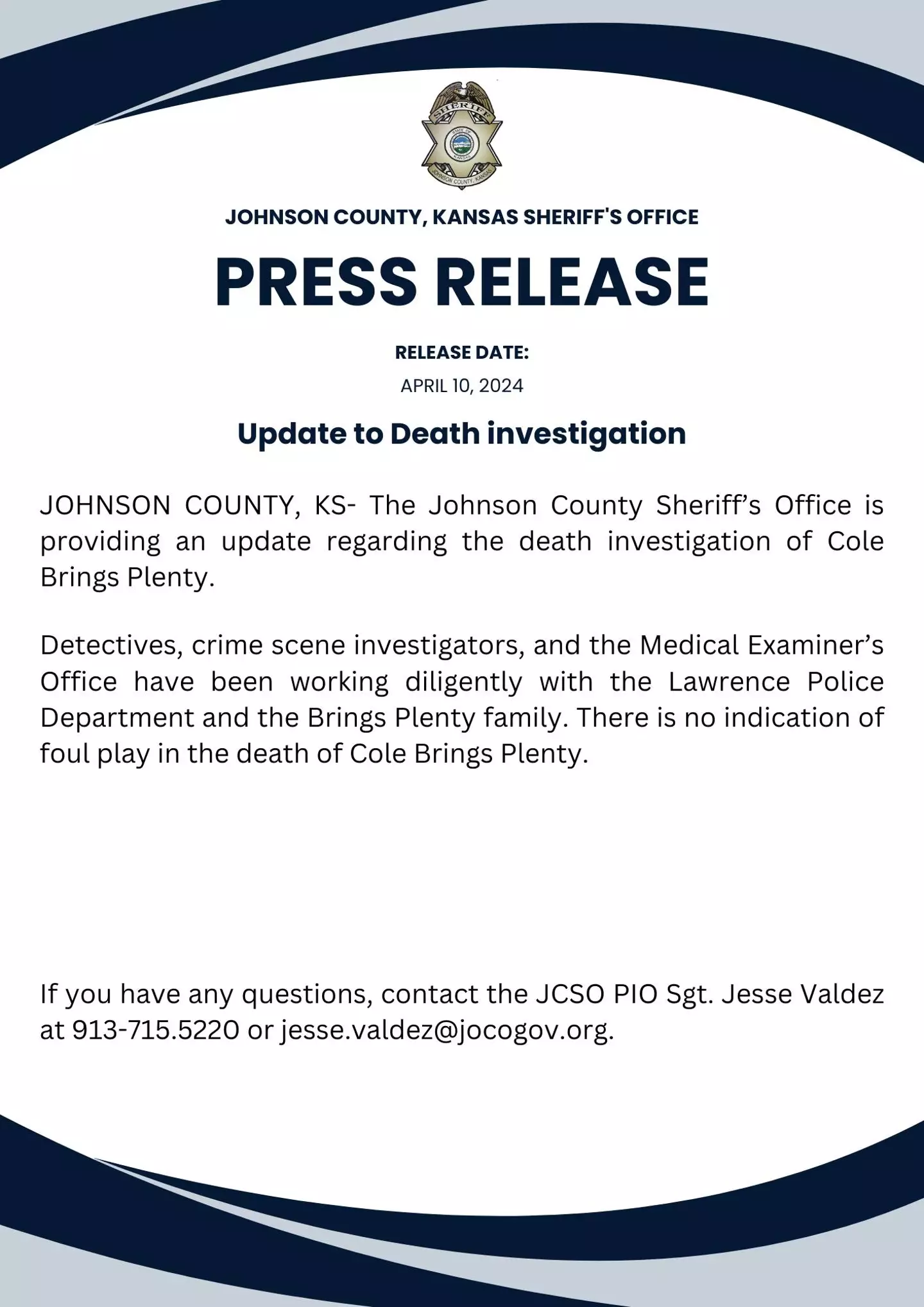 Police released an update yesterday (April 10).  (Facebook/Johnson County, Kansas Sheriff's Office)