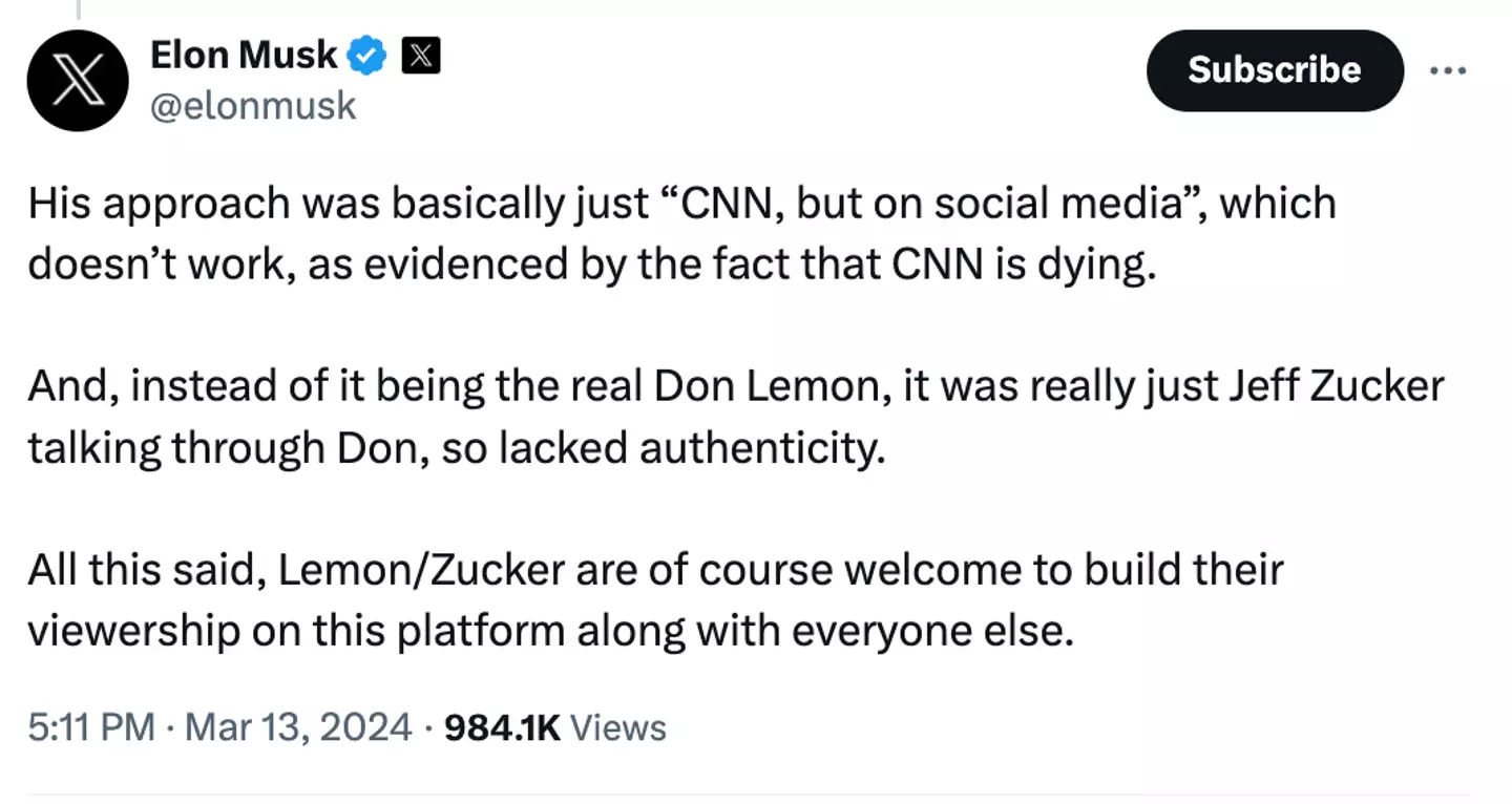 Musk claimed Lemon's interview was too similar to CNN.