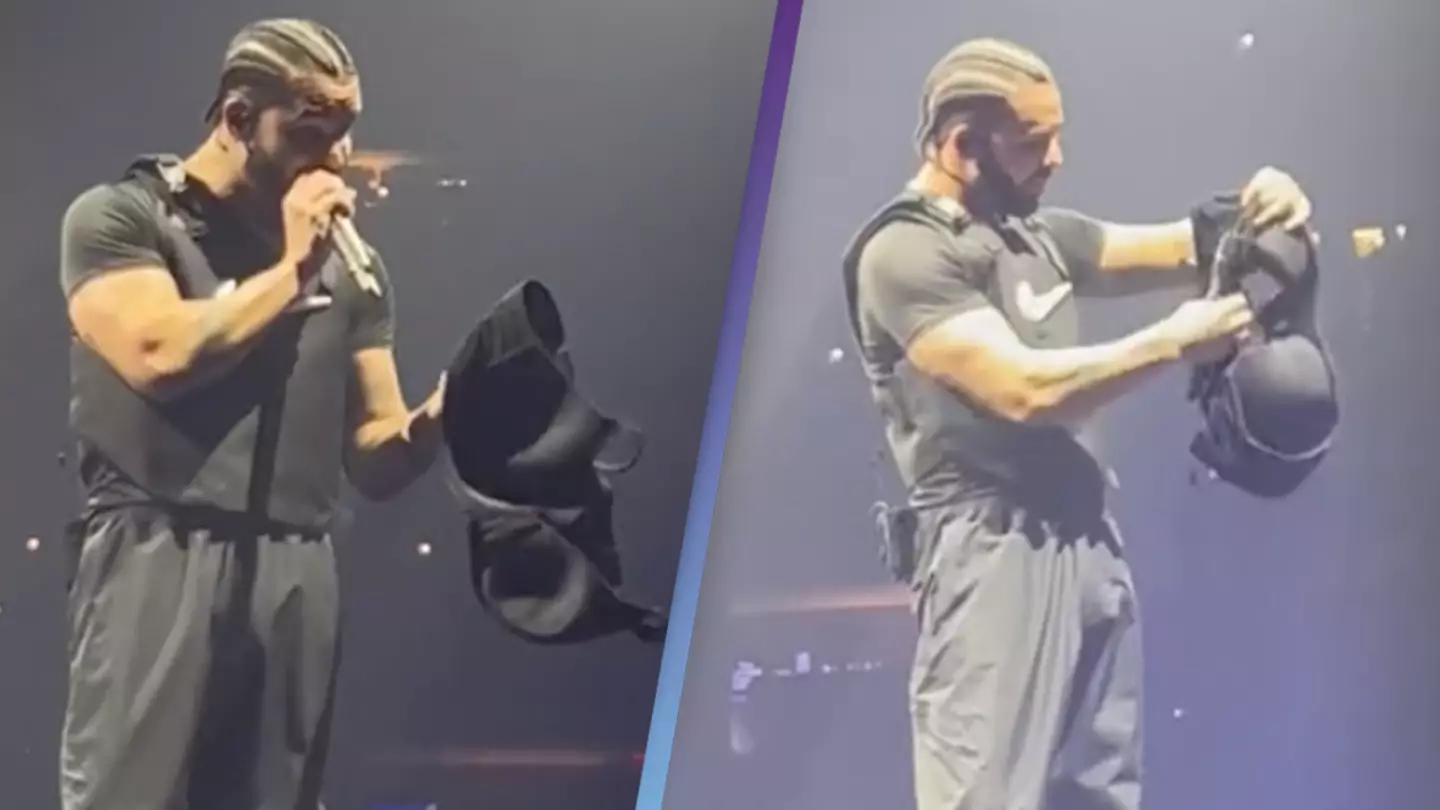 Drake stunned after a bigger 46G bra is thrown at him on stage