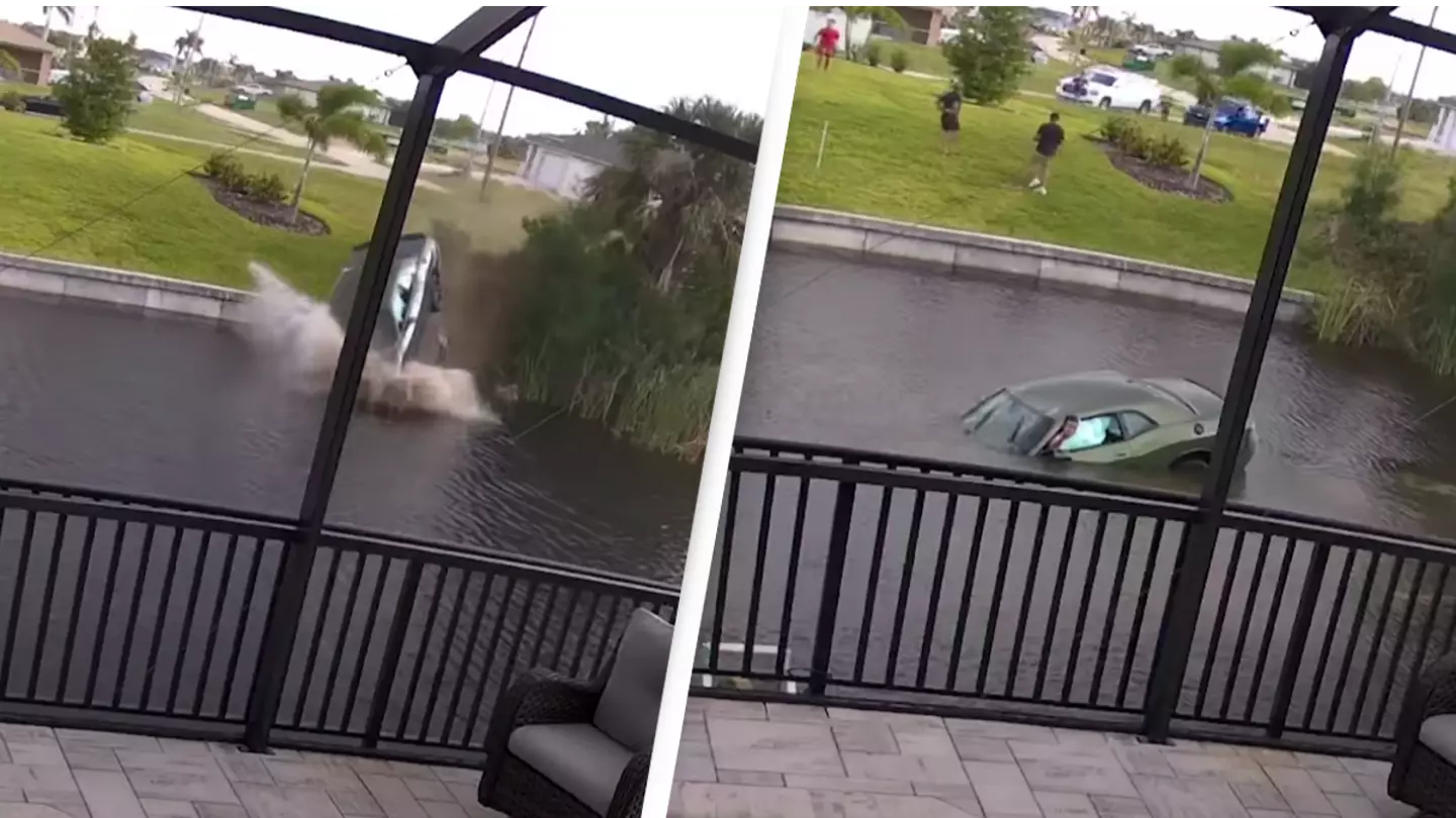Shocking moment car loses control before landing in canal