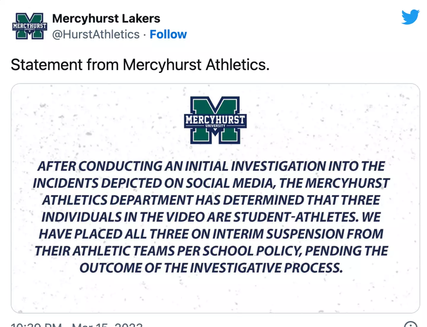 The student has been suspended pending an investigation.