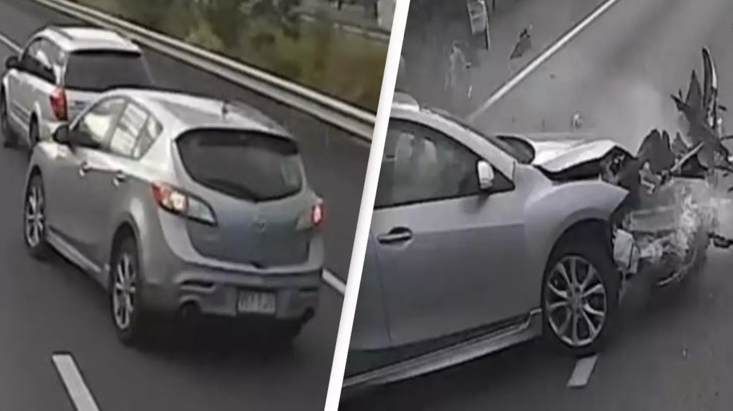 Tailgating driver gets brake-checked causing huge multi-vehicle crash