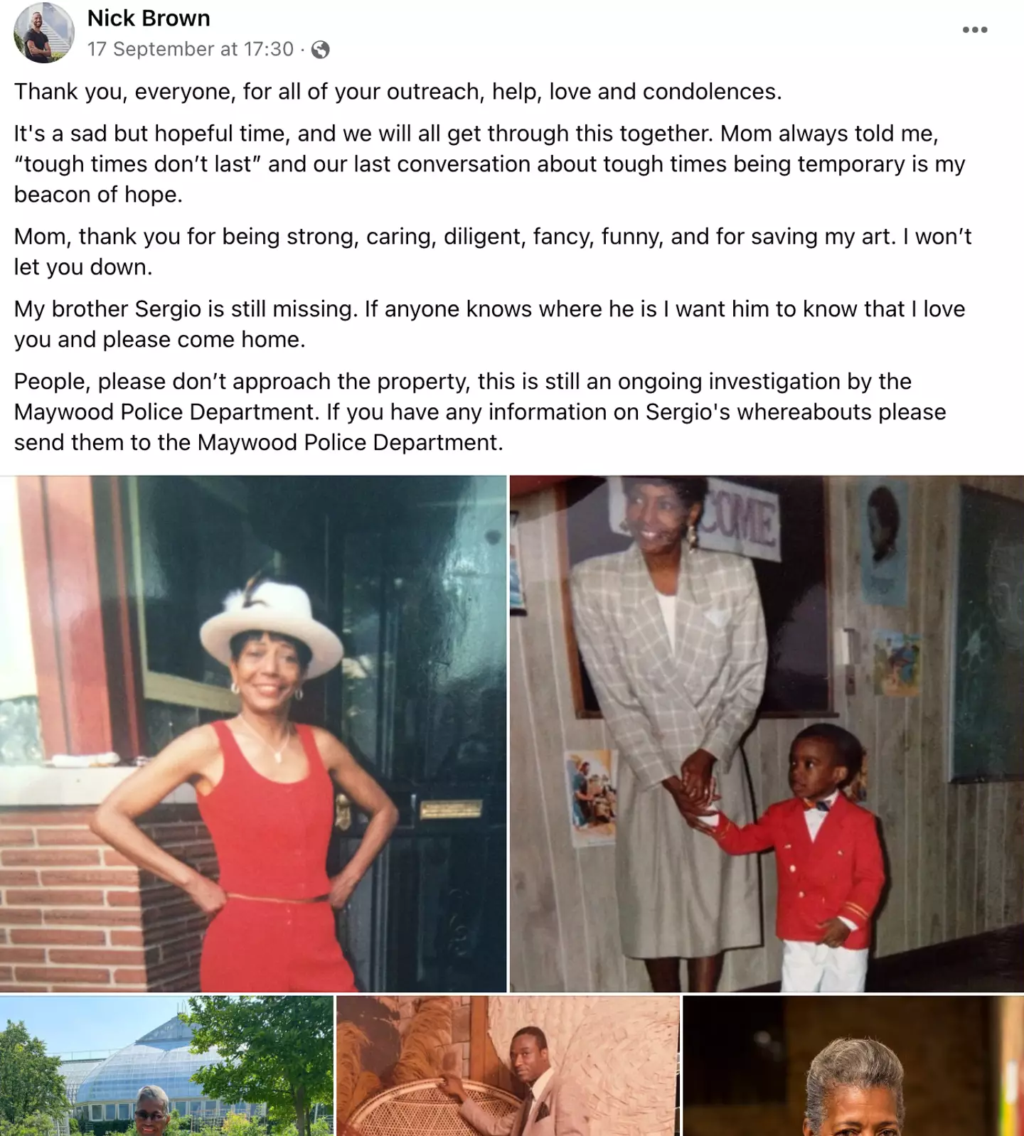 Sergio's brother, Nick, posted a tribute to his late mother on Facebook.