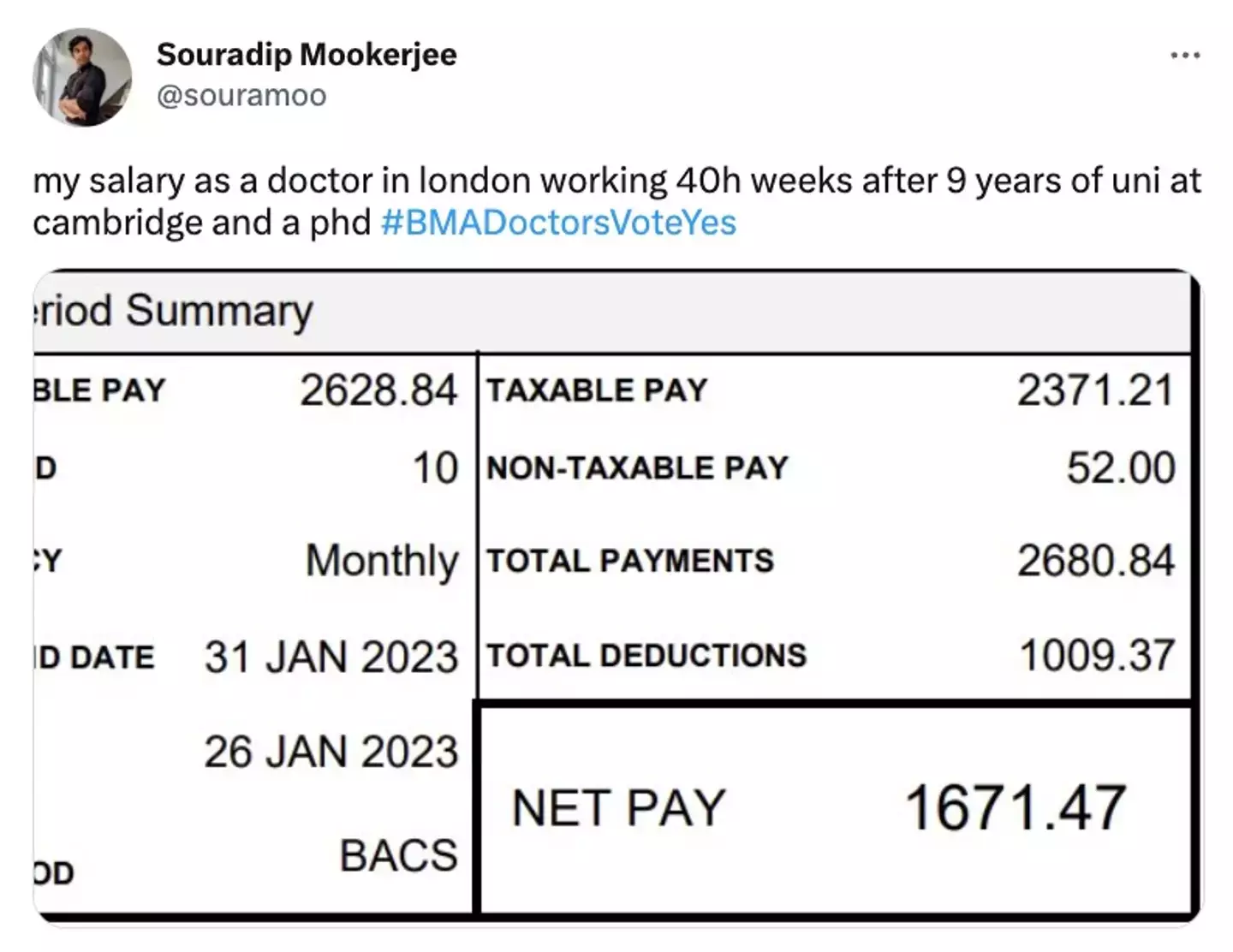 The doctor shared his payslip via X.