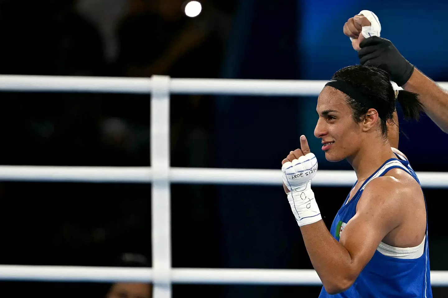 Khelif is advancing to the finals. (MAURO PIMENTEL/AFP via Getty Images)