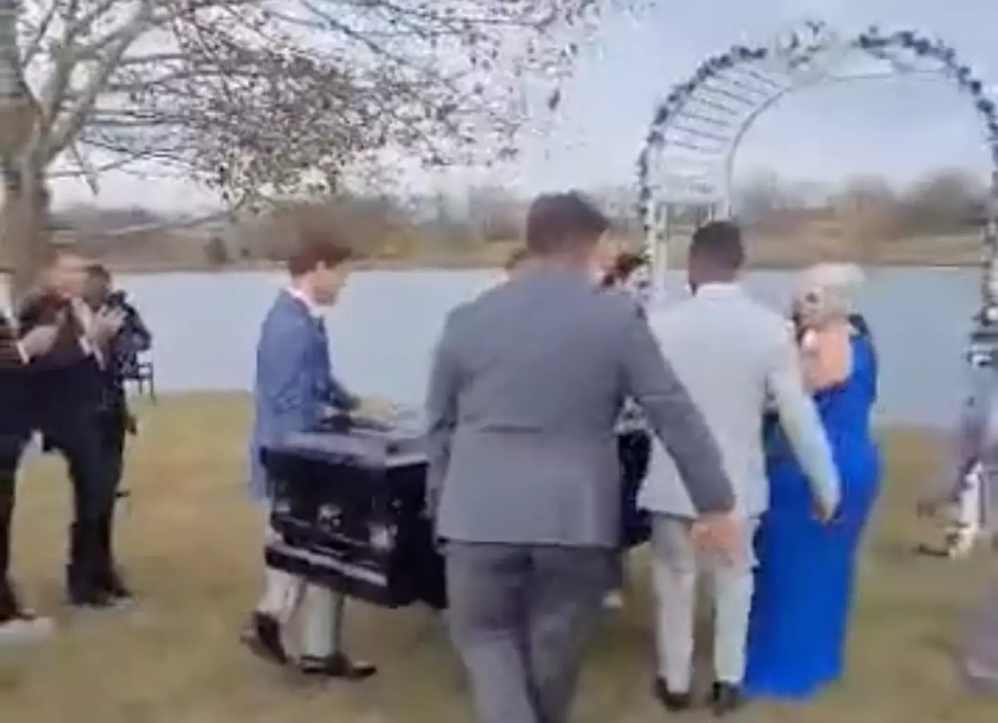 The groom was carried down the aisle in a coffin.