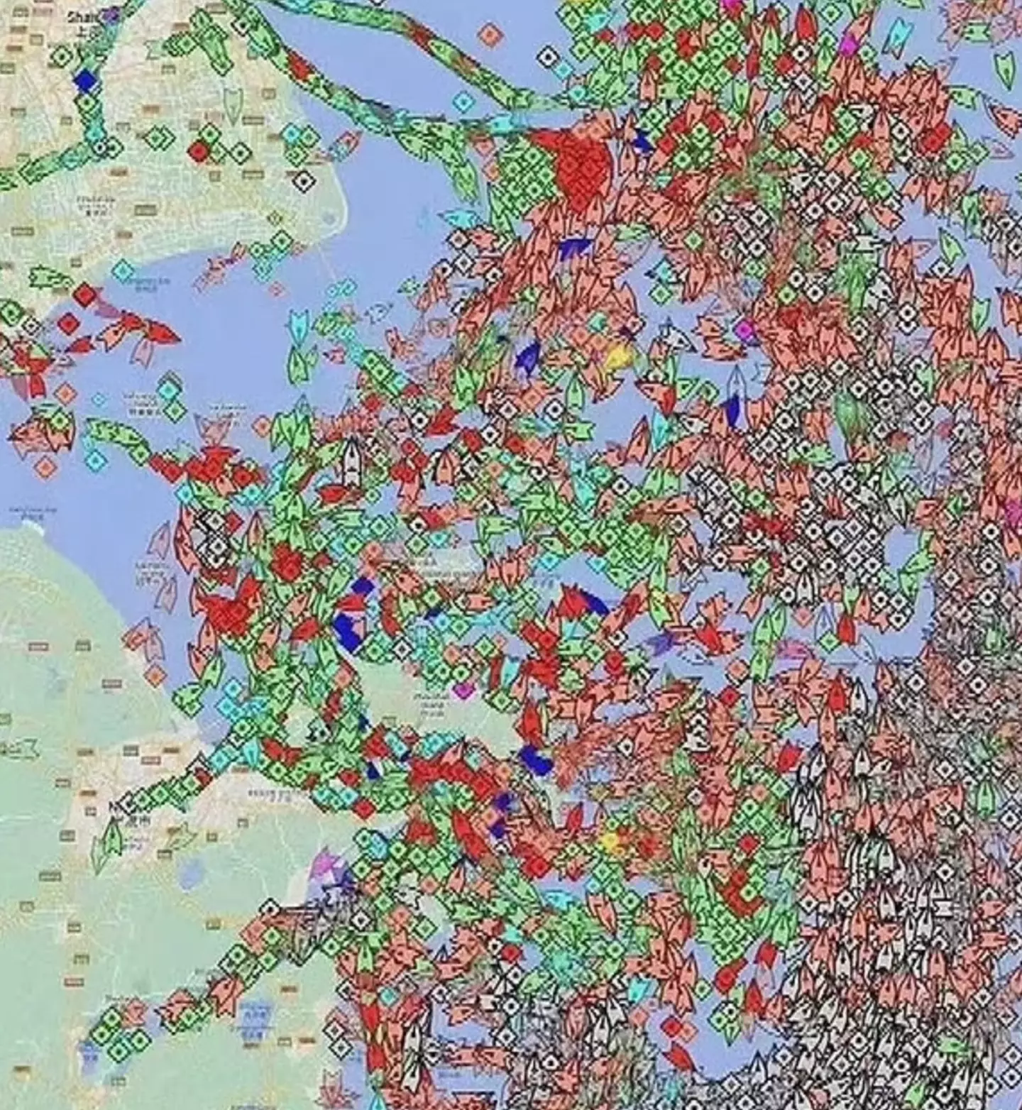 The overwhelming traffic at Shanghai's port as seen on a digital satellite map.