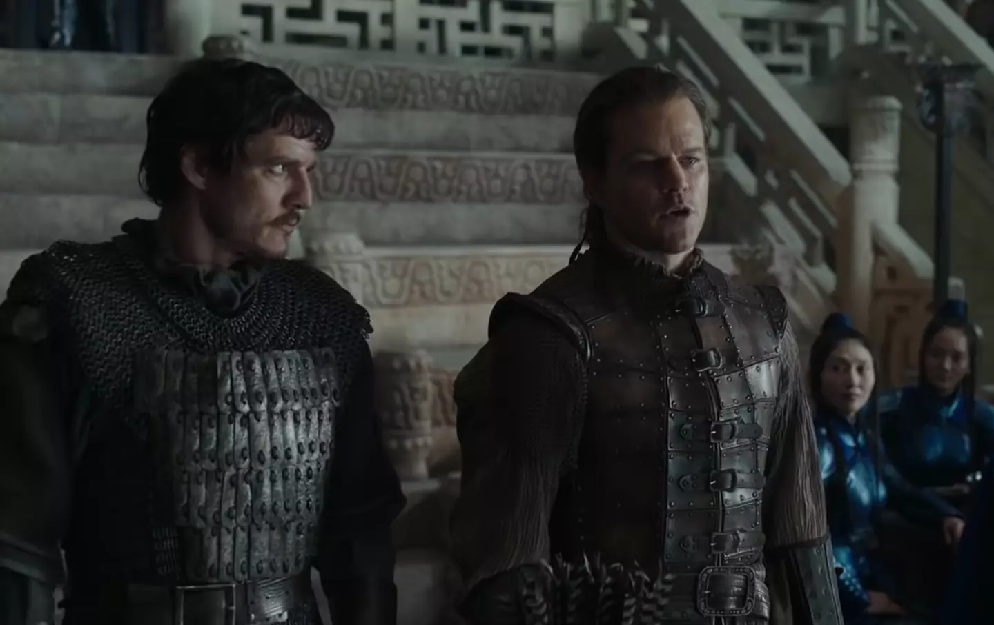 Matt Damon and Pedro Pascal in The Great Wall, or 'The Wall' to one of Matt Damon's daughters.