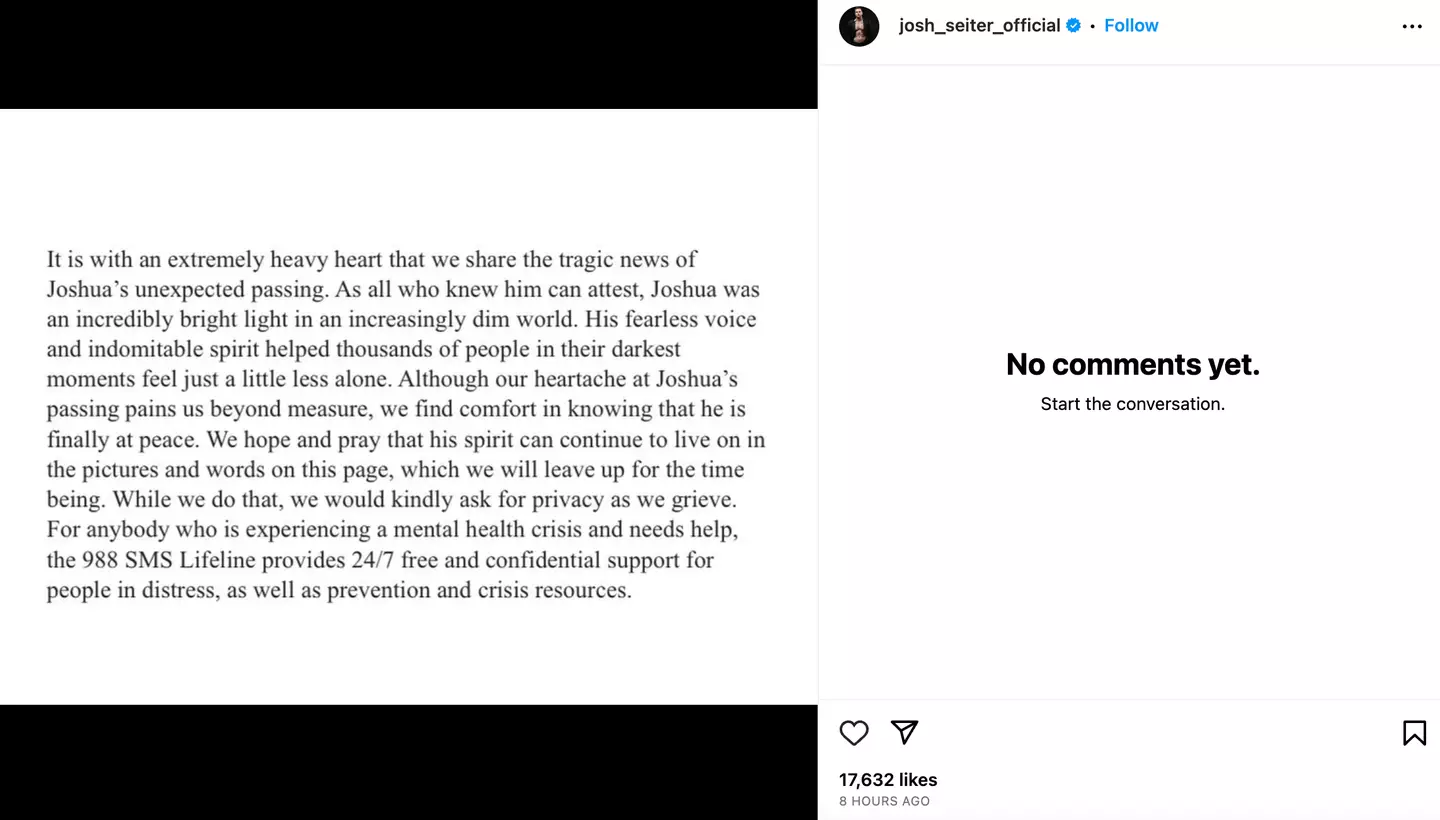 Josh Seiter's family announced his death on Instagram.