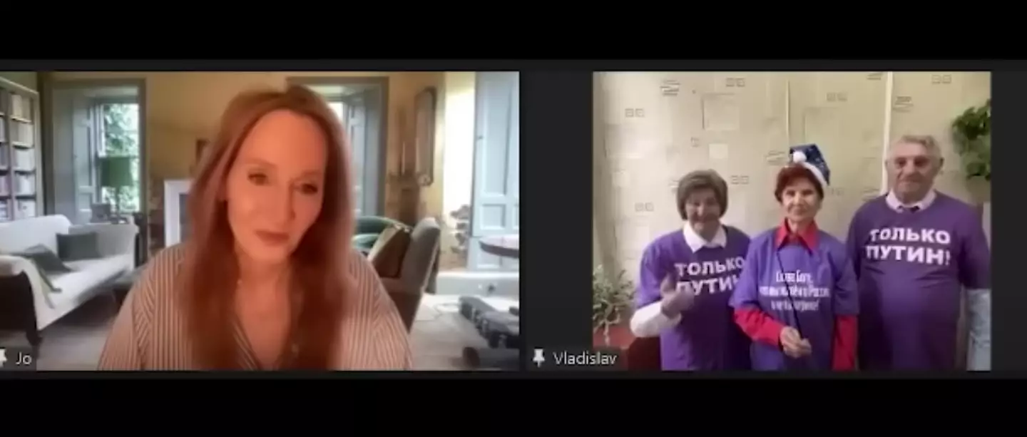 Eventually, the duo turned their camera on, revealing a group of people wearing purple T-shirts stamped with the words ‘only Putin’.