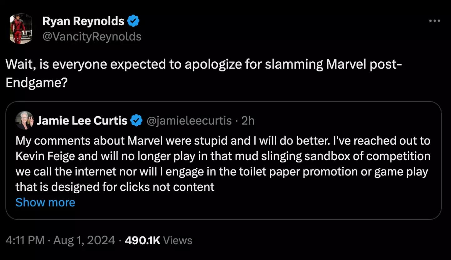 Jamie Lee Curtis has apologized for her comment and who should reply but Ryan Reynolds (Twitter/@jamieleecurtis/@VancityReynolds)