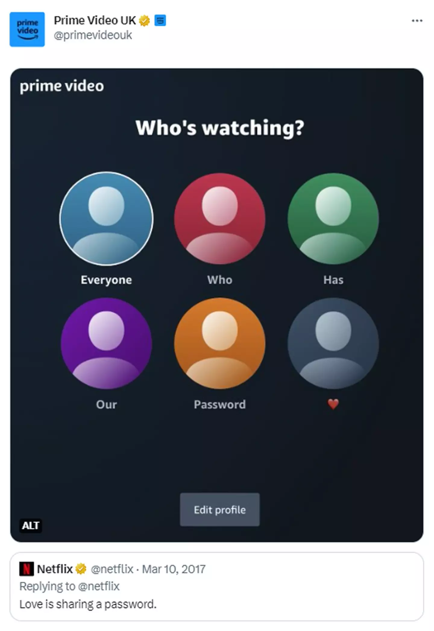 Prime Video wasted no time roasting Netflix's password policy.
