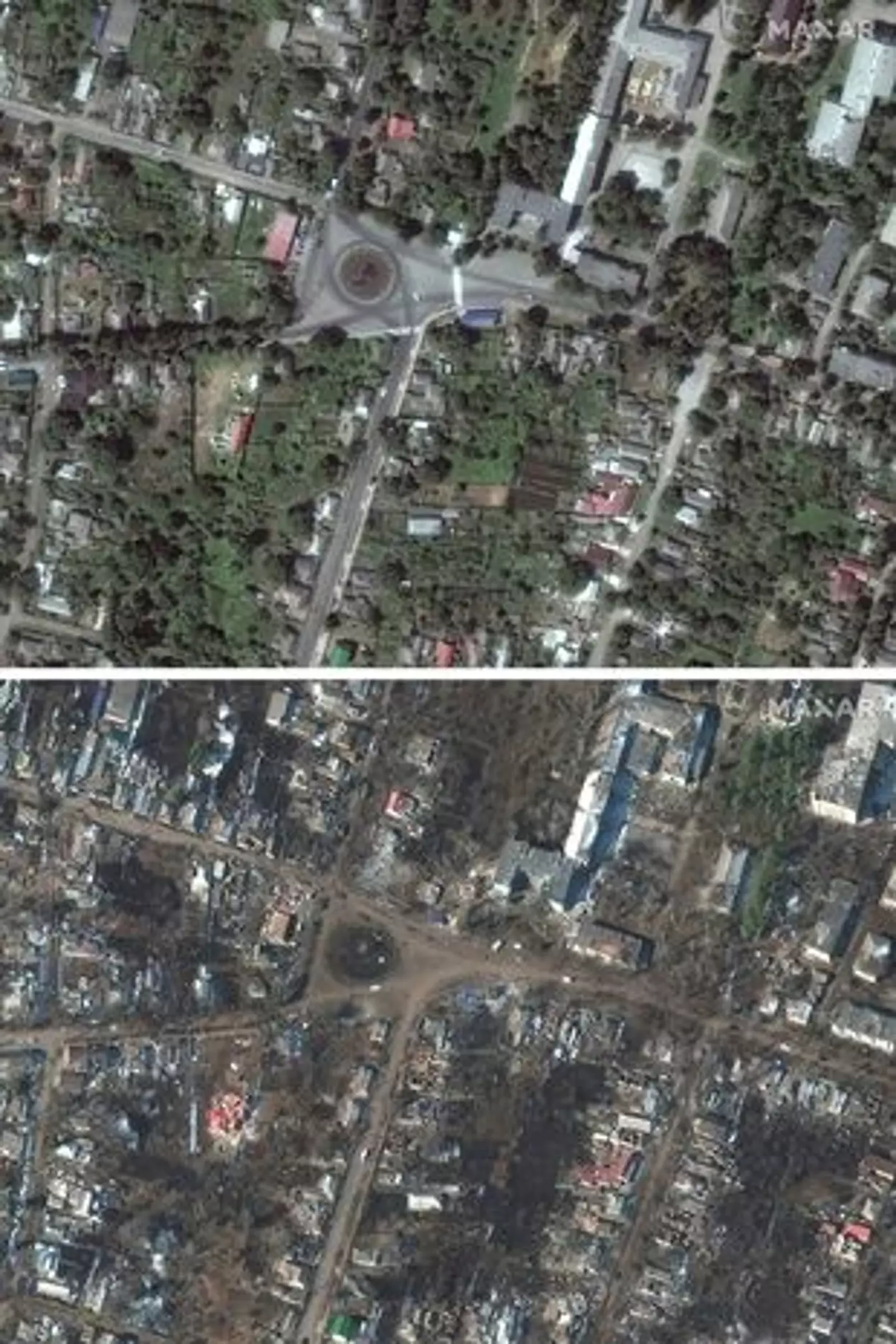 Before and after comparison of damaged homes and buildings in Sumy, Ukraine.