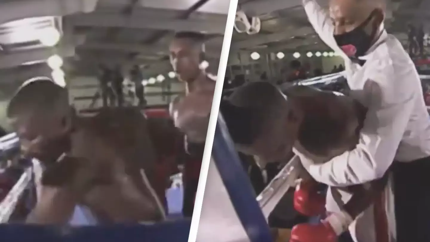Tragic moment boxer is seen throwing punches at thin air before being rushed to hospital and dying