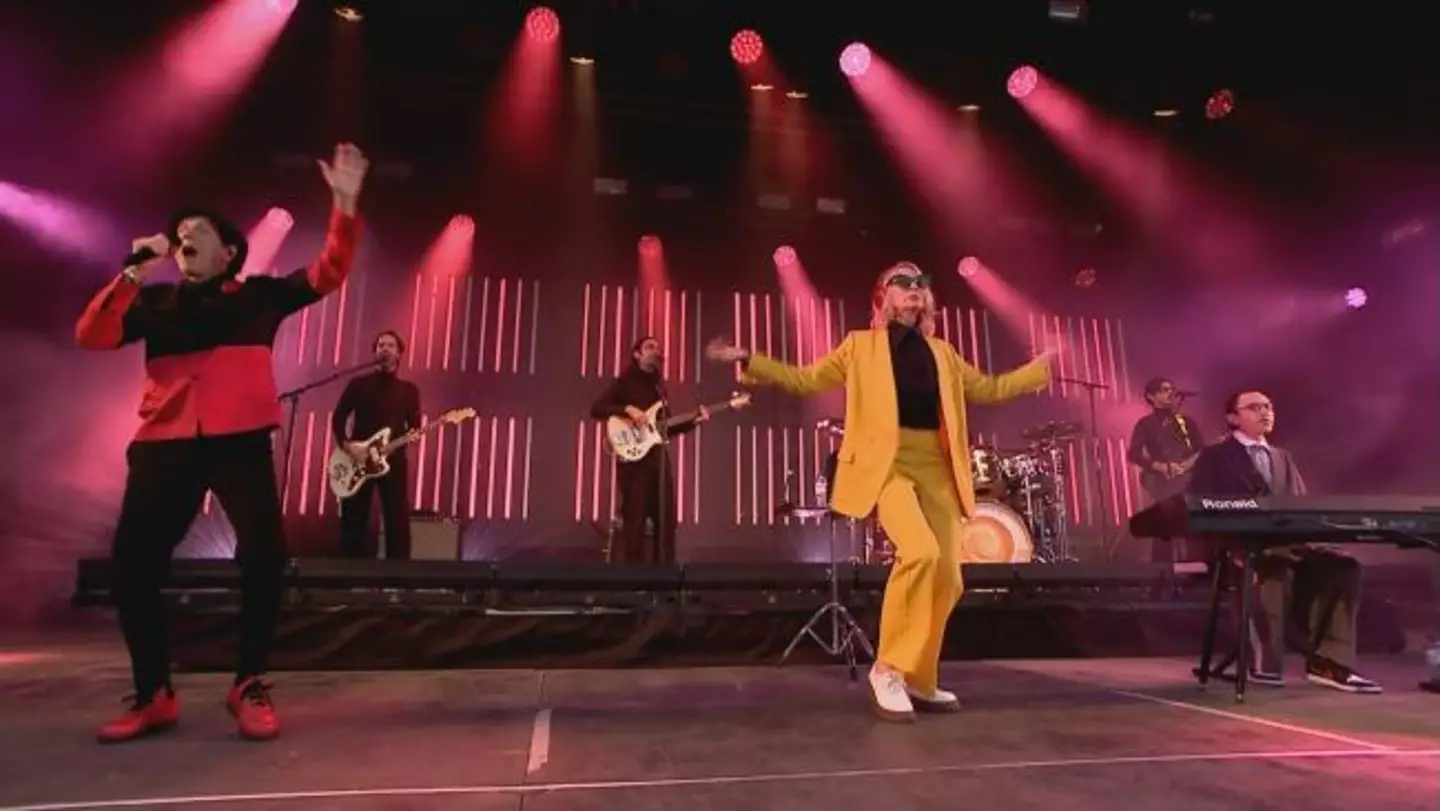 Cate Blanchett on the Glastonbury stage with Sparks.