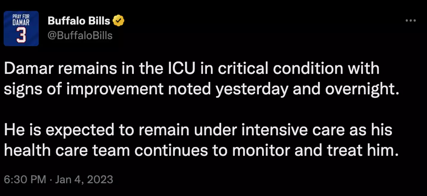 Buffalo Bills posted an update as to Hamlin's condition on Twitter.